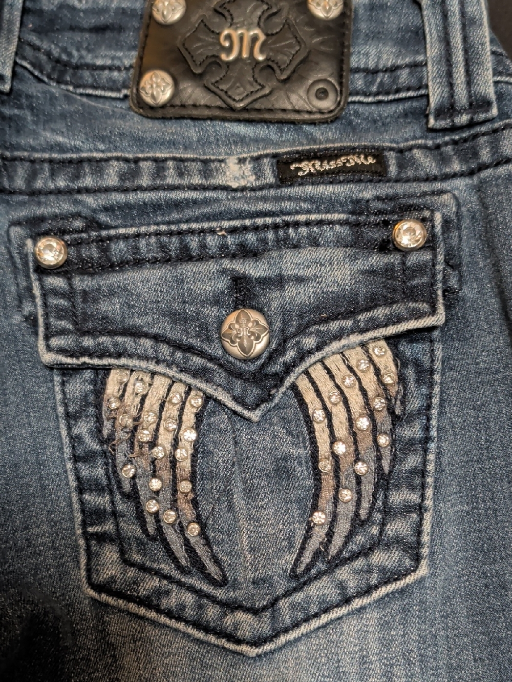 Miss Me Blue Wash Skinny  Jeans with Rhinestone Wing Pocket